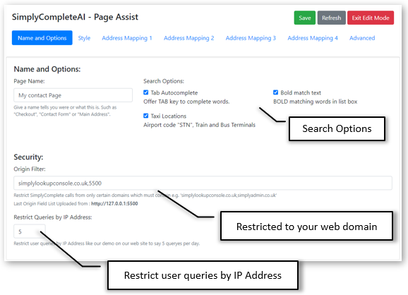 Page Assist Name, Search Options and Security