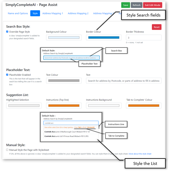 Style the Address Finder list and search field